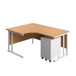 [TWU1612BUNLS3NOWH] Twin Upright Left Hand Radial Desk + Under Desk Steel Pedestal 3 Drawers (FSC) | 1600X1200 | Nova Oak/White | 