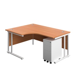 [TWU1612BUNLSS3BEWH] Twin Upright Left Hand Radial Desk + Slimline Steel Pedestal 3 Drawers (FSC) | 1600X1200 | Beech/White | 