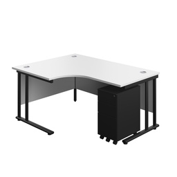 [TWU1612BUNLSS3WHBK] Twin Upright Left Hand Radial Desk + Slimline Steel Pedestal 3 Drawers (FSC) | 1600X1200 | White/Black | 