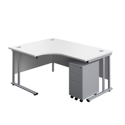 [TWU1612BUNLSS3WHSV] Twin Upright Left Hand Radial Desk + Slimline Steel Pedestal 3 Drawers (FSC) | 1600X1200 | White/Silver | 