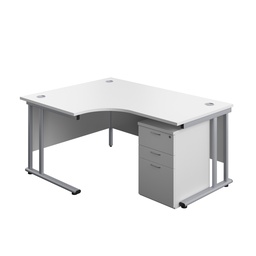 [TWU1612BUNLUHWHSV] Twin Upright Left Hand Radial Desk + High Mobile Pedestal 3 Drawer (FSC) | 1600X1200 | White/Silver | 