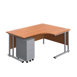 [TWU1612BUNRSS3BESV] Twin Upright Right Hand Radial Desk + Slimline Steel Pedestal 3 Drawers (FSC) | 1600X1200 | Beech/Silver | 