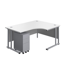 [TWU1612BUNRSS3WHSV] Twin Upright Right Hand Radial Desk + Slimline Steel Pedestal 3 Drawers (FSC) | 1600X1200 | White/Silver | 