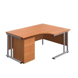 [TWU1612BUNRUHBESV] Twin Upright Right Hand Radial Desk + High Mobile Pedestal 3 Drawer (FSC) | 1600X1200 | Beech/Silver | 
