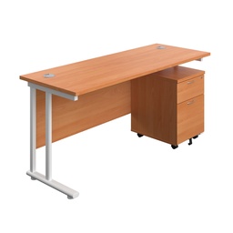 [TWU1660BUNBEWH2] Twin Upright Rectangular Desk + Mobile 2 Drawer Pedestal (FSC) | 1600X600 | Beech/White | 