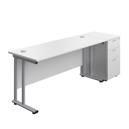 [TWU1660BUNDHWHSV] Twin Upright Rectangular Desk + Desk High 3 Drawer Pedestal (FSC) | 1600X600 | White/Silver | 