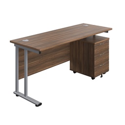 [TWU1660BUNDWSV3] Twin Upright Rectangular Desk + Mobile 3 Drawer Pedestal (FSC) | 1600X600 | Dark Walnut/Silver | 
