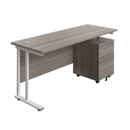 [TWU1660BUNGOWH2] Twin Upright Rectangular Desk + Mobile 2 Drawer Pedestal (FSC) | 1600X600 | Grey Oak/White | 
