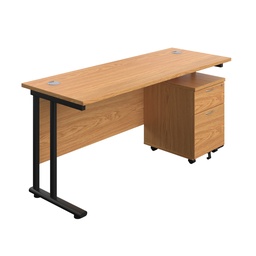 [TWU1660BUNNOBK2] Twin Upright Rectangular Desk + Mobile 2 Drawer Pedestal (FSC) | 1600X600 | Nova Oak/Black | 