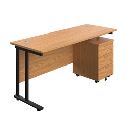 [TWU1660BUNNOBK3] Twin Upright Rectangular Desk + Mobile 3 Drawer Pedestal (FSC) | 1600X600 | Nova Oak/Black | 