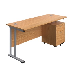 [TWU1660BUNNOSV2] Twin Upright Rectangular Desk + Mobile 2 Drawer Pedestal (FSC) | 1600X600 | Nova Oak/Silver | 