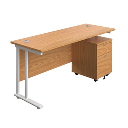 [TWU1660BUNNOWH2] Twin Upright Rectangular Desk + Mobile 2 Drawer Pedestal (FSC) | 1600X600 | Nova Oak/White | 