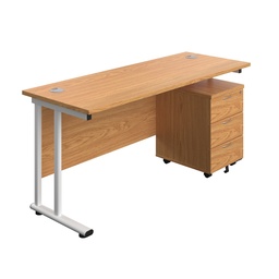 [TWU1660BUNNOWH3] Twin Upright Rectangular Desk + Mobile 3 Drawer Pedestal (FSC) | 1600X600 | Nova Oak/White | 