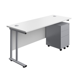 [TWU1660BUNS3WHSV] Twin Upright Rectangular Desk + Under Desk Steel Pedestal 3 Drawers (FSC) | 1600X600 | White/Silver | 