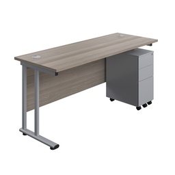 [TWU1660BUNSS3GOSV] Twin Upright Rectangular Desk + Slimline Steel Pedestal 3 Drawers (FSC) | 1600X600 | Grey Oak/Silver | 