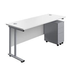 [TWU1660BUNSS3WHSV] Twin Upright Rectangular Desk + Slimline Steel Pedestal 3 Drawers (FSC) | 1600X600 | White/Silver | 