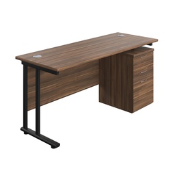 [TWU1660BUNUHDWBK] Twin Upright Rectangular Desk + High Mobile Pedestal 3 Drawer (FSC) | 1600X600 | Dark Walnut/Black | 