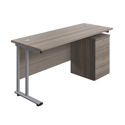 [TWU1660BUNUHGOSV] Twin Upright Rectangular Desk + High Mobile Pedestal 3 Drawer (FSC) | 1600X600 | Grey Oak/Silver | 