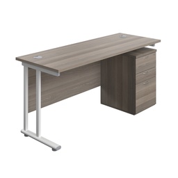 [TWU1660BUNUHGOWH] Twin Upright Rectangular Desk + High Mobile Pedestal 3 Drawer (FSC) | 1600X600 | Grey Oak/White | 