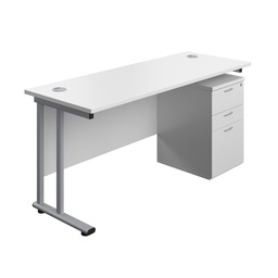 [TWU1660BUNUHWHSV] Twin Upright Rectangular Desk + High Mobile Pedestal 3 Drawer (FSC) | 1600X600 | White/Silver | 