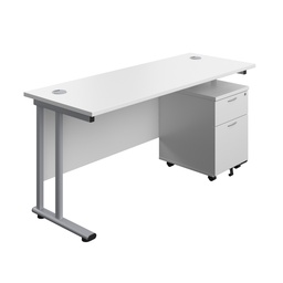 [TWU1660BUNWHSV2] Twin Upright Rectangular Desk + Mobile 2 Drawer Pedestal (FSC) | 1600X600 | White/Silver | 
