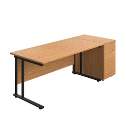 [TWU1680BUNDHNOBK] Twin Upright Rectangular Desk + Desk High 3 Drawer Pedestal (FSC) | 1600X800 | Nova Oak/Black | 