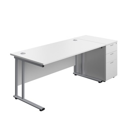 [TWU1680BUNDHWHSV] Twin Upright Rectangular Desk + Desk High 3 Drawer Pedestal (FSC) | 1600X800 | White/Silver | 