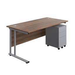 [TWU1680BUNS3DWSV] Twin Upright Rectangular Desk + Under Desk Steel Pedestal 3 Drawers (FSC) | 1600X800 | Dark Walnut/Silver | 