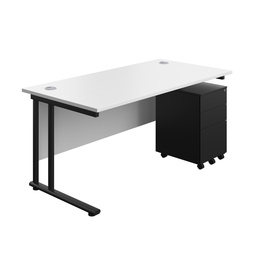 [TWU1680BUNS3WHBK] Twin Upright Rectangular Desk + Under Desk Steel Pedestal 3 Drawers (FSC) | 1600X800 | White/Black | 