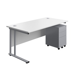 [TWU1680BUNS3WHSV] Twin Upright Rectangular Desk + Under Desk Steel Pedestal 3 Drawers (FSC) | 1600X800 | White/Silver | 