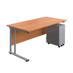[TWU1680BUNSS3BESV] Twin Upright Rectangular Desk + Slimline Steel Pedestal 3 Drawers (FSC) | 1600X800 | Beech/Silver | 