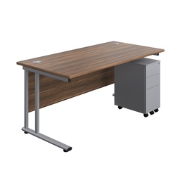 [TWU1680BUNSS3DWSV] Twin Upright Rectangular Desk + Slimline Steel Pedestal 3 Drawers (FSC) | 1600X800 | Dark Walnut/Silver | 