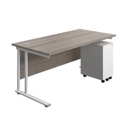 [TWU1680BUNSS3GOWH] Twin Upright Rectangular Desk + Slimline Steel Pedestal 3 Drawers (FSC) | 1600X800 | Grey Oak/White | 