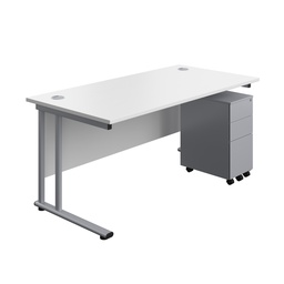 [TWU1680BUNSS3WHSV] Twin Upright Rectangular Desk + Slimline Steel Pedestal 3 Drawers (FSC) | 1600X800 | White/Silver | 