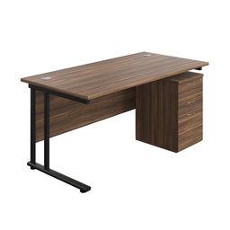 [TWU1680BUNUHDWBK] Twin Upright Rectangular Desk + High Mobile Pedestal 3 Drawer (FSC) | 1600X800 | Dark Walnut/Black | 