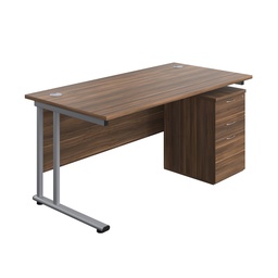 [TWU1680BUNUHDWSV] Twin Upright Rectangular Desk + High Mobile Pedestal 3 Drawer (FSC) | 1600X800 | Dark Walnut/Silver | 