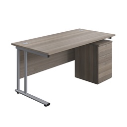 [TWU1680BUNUHGOSV] Twin Upright Rectangular Desk + High Mobile Pedestal 3 Drawer (FSC) | 1600X800 | Grey Oak/Silver | 