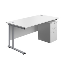 [TWU1680BUNUHWHSV] Twin Upright Rectangular Desk + High Mobile Pedestal 3 Drawer (FSC) | 1600X800 | White/Silver | 