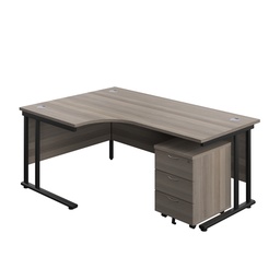 [TWU1812BUNLGOBK3] Twin Upright Left Hand Radial Desk + Mobile 3 Drawer Pedestal (FSC) | 1800X1200 | Grey Oak/Black | 
