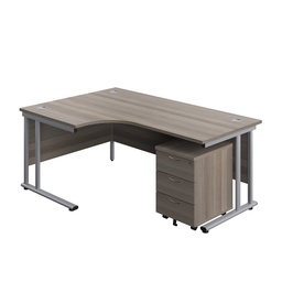 [TWU1812BUNLGOSV3] Twin Upright Left Hand Radial Desk + Mobile 3 Drawer Pedestal (FSC) | 1800X1200 | Grey Oak/Silver | 