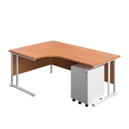 [TWU1812BUNLS3BEWH] Twin Upright Left Hand Radial Desk + Under Desk Steel Pedestal 3 Drawers (FSC) | 1800X1200 | Beech/White | 