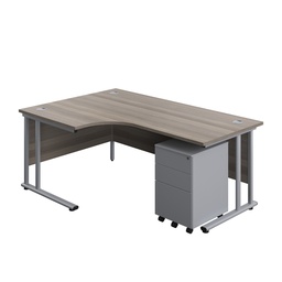 [TWU1812BUNLS3GOSV] Twin Upright Left Hand Radial Desk + Under Desk Steel Pedestal 3 Drawers (FSC) | 1800X1200 | Grey Oak/Silver | 