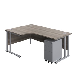 [TWU1812BUNLSS3GOSV] Twin Upright Left Hand Radial Desk + Slimline Steel Pedestal 3 Drawers (FSC) | 1800X1200 | Grey Oak/Silver | 