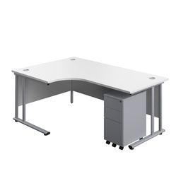 [TWU1812BUNLSS3WHSV] Twin Upright Left Hand Radial Desk + Slimline Steel Pedestal 3 Drawers (FSC) | 1800X1200 | White/Silver | 
