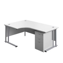[TWU1812BUNLUHWHSV] Twin Upright Left Hand Radial Desk + High Mobile Pedestal 3 Drawer (FSC) | 1800X1200 | White/Silver | 