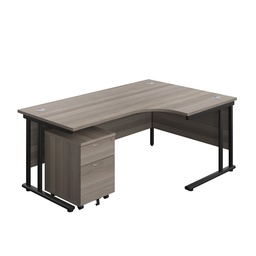 [TWU1812BUNRGOBK2] Twin Upright Right Hand Radial Desk + Mobile 2 Drawer Pedestal (FSC) | 1800X1200 | Grey Oak/Black | 