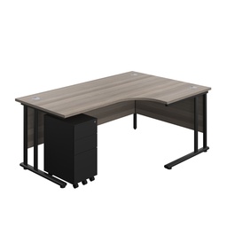 [TWU1812BUNRSS3GOBK] Twin Upright Right Hand Radial Desk + Slimline Steel Pedestal 3 Drawers (FSC) | 1800X1200 | Grey Oak/Black | 