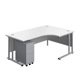 [TWU1812BUNRSS3WHSV] Twin Upright Right Hand Radial Desk + Slimline Steel Pedestal 3 Drawers (FSC) | 1800X1200 | White/Silver | 