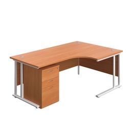 [TWU1812BUNRUHBEWH] Twin Upright Right Hand Radial Desk + High Mobile Pedestal 3 Drawer (FSC) | 1800X1200 | Beech/White | 