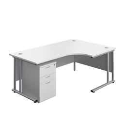 [TWU1812BUNRUHWHSV] Twin Upright Right Hand Radial Desk + High Mobile Pedestal 3 Drawer (FSC) | 1800X1200 | White/Silver | 